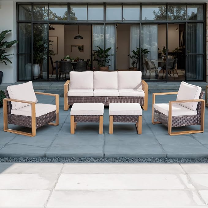 Rilyson Outdoor Wicker Patio Furniture Set - 5 Piece Patio Conversation Set with 2 Wicker Armrest Chairs,2 Rattan Ottoman and 1 Couch,Sturdy Frame,Thick Cushions,Deep Seating(Brown/Beige)
