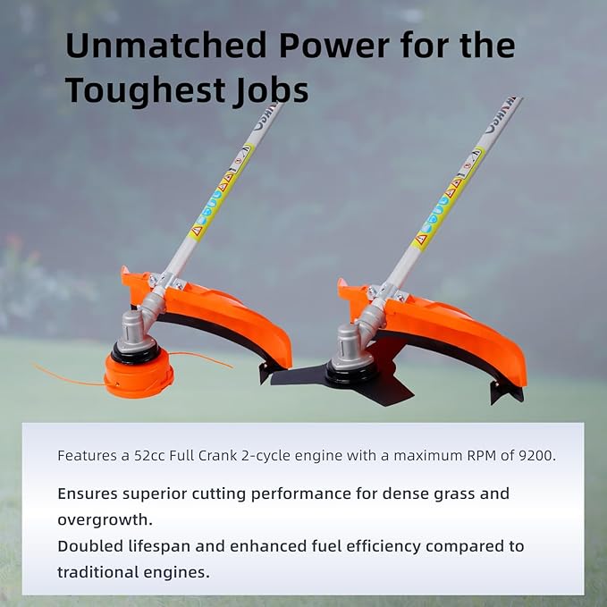 Weed Wacker Gas Powered, 52cc 2-Stroke Gas Weed Eater, 3 in 1 Blower, String Trimmer with 10’’ Brush Cutter,Rubber Handle & Shoulder Strap Included (Orange)