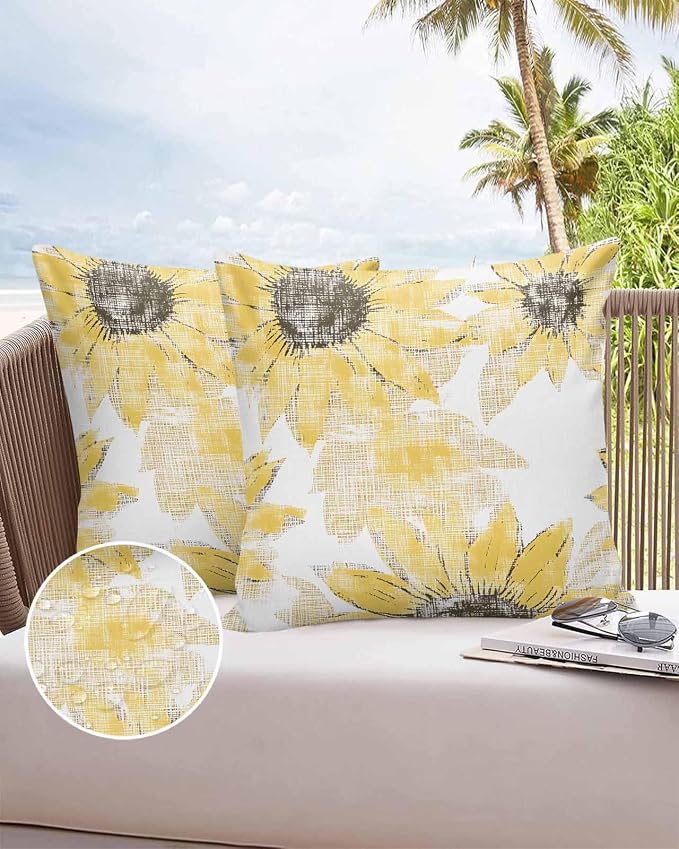 Vandarllin Outdoor Throw Pillows Covers 16x16 inch Set of 2 Waterproof Yellow Sunflower Decorative Zippered Cushion Covers for Patio Furniture, Flower Field Lumbar Pillowcases