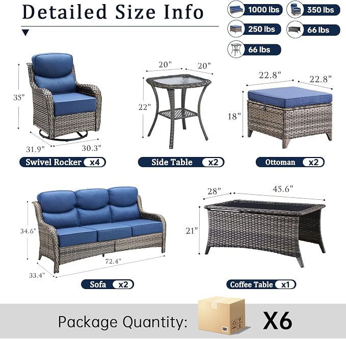 Luxury 6" Thick Cushion 11 Pieces Wicker Patio Furniture Set with High Back Swivel Rocker Chairs of 4, Outdoor Conversation Set with Patio Couch for Deck Porch Yard and Poolside
