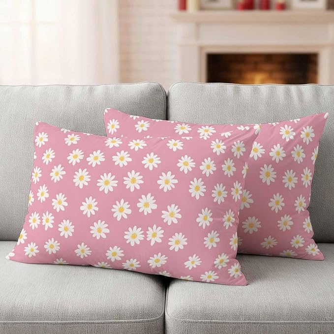 Lumbar Pillow Covers 20x12 Inch Set of 2, White Pink Daisy Waterproof Outdoor Pillow Covers, Spring Summer Floral Farmhouse Decorative Cushion Pillowcases for Couch, Sofa, Bed, Garden, Patio