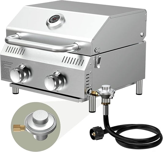 Bestfire Tabletop Propane Gas Grill 2 Burners- Dual Connections, 20,000 BTUs Stainless Steel Portable Grill Fits Large Gas Cylinders and Small Canisters for Outdoor Camping and RV Trips