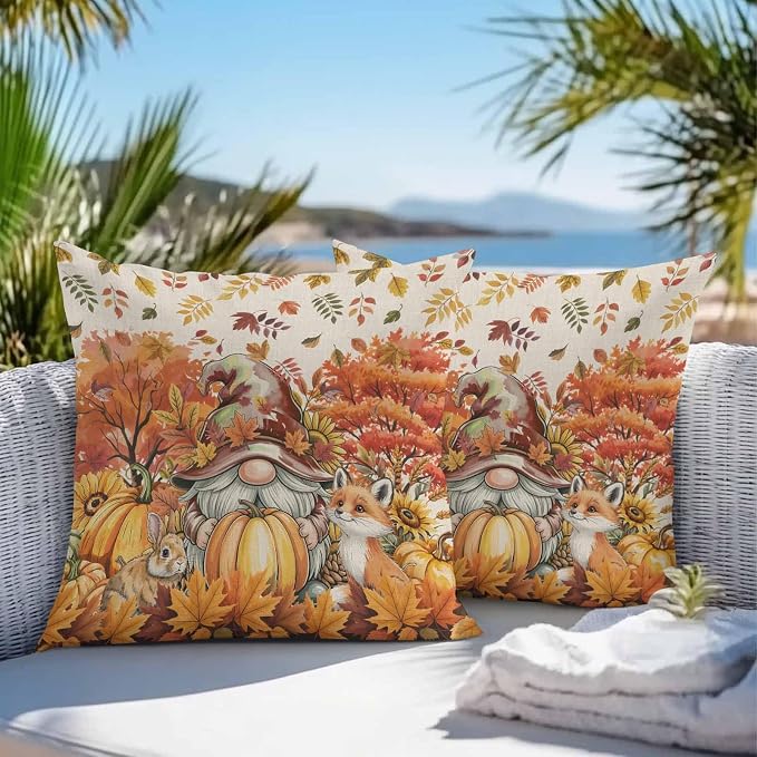 Fall Gnomes Pumpkin Outdoor Waterproof Pillow Covers, Maple Leaves Animal Country Vintage Decorative Square Throw Pillowcase Sofa Cushion Sham for Patio/Couch/Chair, 20"x20" 2 Pack