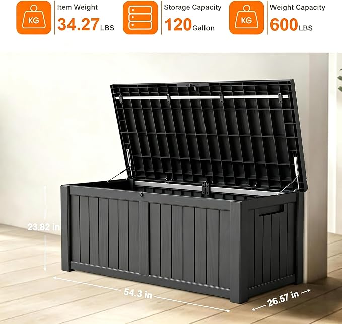 DRATO 120 Gallon Large Deck Box, Outdoor Storage Box for Patio Furniture, Patio Cushions, Gardening Tools, Pool Supplies, 660lbs Weight Capacity, Waterproof Resin Storage Boxes (Black, 120 Gallon)