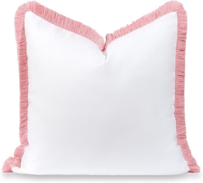 Hofdeco Premium Coastal Grandmillennial Patio Indoor Outdoor Throw Pillow Cover Only, 22"x22" Water Repellent for Backyard, Couch, Poolside, White Blush Pink Solid
