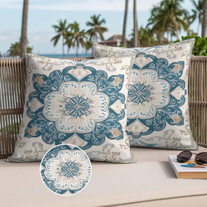Boho Flowers Waterproof Outdoor Pillow Covers Set of 2 Home Decor, Country Neutral Chic Abstract Floral Art Pillowcase Patio Pillow Covers for Couch Bench Furniture Garden 16x16in