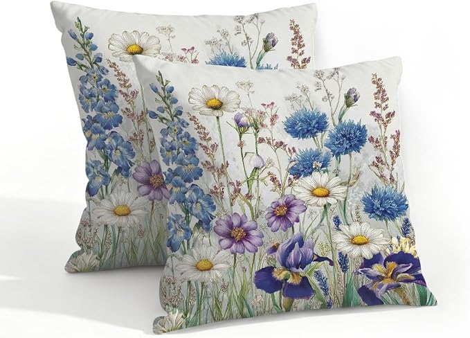 18x18 Inch Outdoor Pillow Covers Set of 2 Waterproof Throw Pillow Covers Decorative Couch Cushion Covers Watercolor Wildflowers Art Square Pillowcases Protectors for Patio Garden Sofa