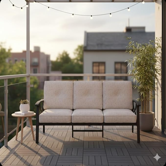 Hassyee 2 Pieces All-Weather Metal Outdoor Conversation Set with Coffee Table and Removable Cushions for Balcony, Patio Furniture Set with Modern Curved Design for Backyard, Lawn (3-seat Sofa)