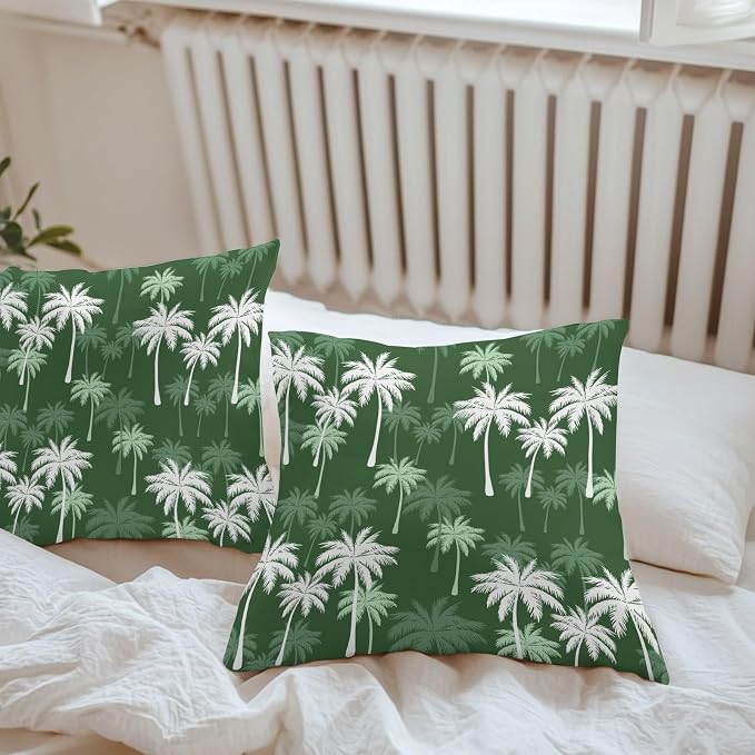 Throw Pillow Covers 20x20 Inch Set of 2, Tropical Palm Tree Waterproof Outdoor Pillow Covers, Green White Plants Coastal Leaf Beach Decorative Cushion Pillowcases for Couch, Sofa, Bed, Garden, Patio