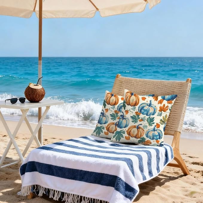 16x16 Inch Outdoor Pillow Covers Set of 2 Waterproof Throw Pillow Covers Decorative Couch Cushion Covers Blue Pumpkin Fall Leaf Square Pillowcases Protectors for Patio Garden Sofa