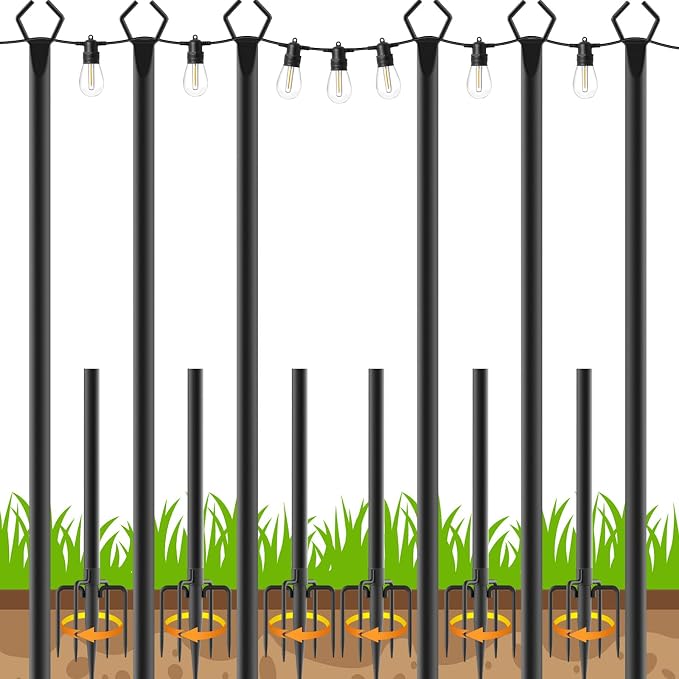 6 Pack 10 FT String Light Poles,Metal with Fork Lights Poles for Outdoor String Light, Rustproof Heavy Duty for Outside Garden,Patio,Wedding,Backyard,Deck,Party