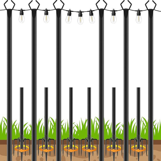 6 Pack 10 FT String Light Poles,Metal with Fork Lights Poles for Outdoor String Light, Rustproof Heavy Duty for Outside Garden,Patio,Wedding,Backyard,Deck,Party