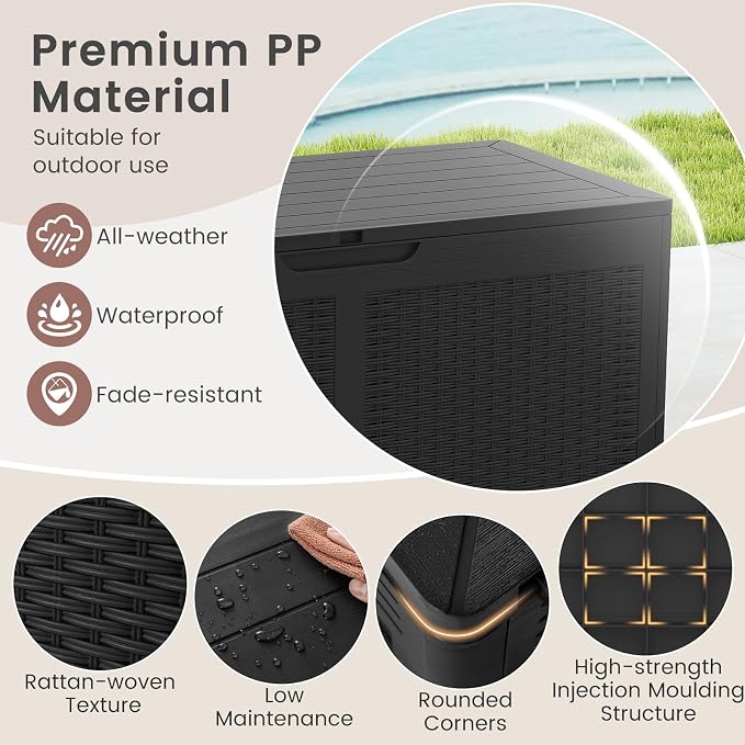 HAPPYGRILL 100 Gallon Resin Deck Box Outdoor Waterproof Storage with Lockable Lid, Rattan Texture Storage Container with Wheels for Pool Accessories, Garden Tool, Patio Furniture Cushion (Black)