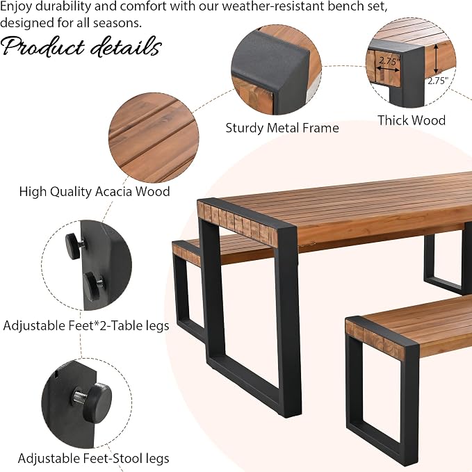 3-Pieces Outdoor Dining Table with 2 Benches, Patio Dining Set with Unique Top Texture, Acacia Wood Top & Steel Frame, All Weather Use, for Outdoor & Indoor, Natural