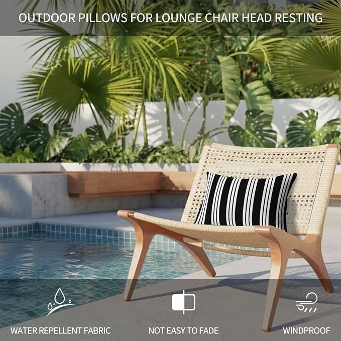 Outdoor Lumbar Pillow Set of 2, Striped Black White Waterproof Beach Headrest Pillow with Inserts, Farmhouse Line Stripes Classic Recliner Throw Pillows for Patio Furniture, 12 x 20