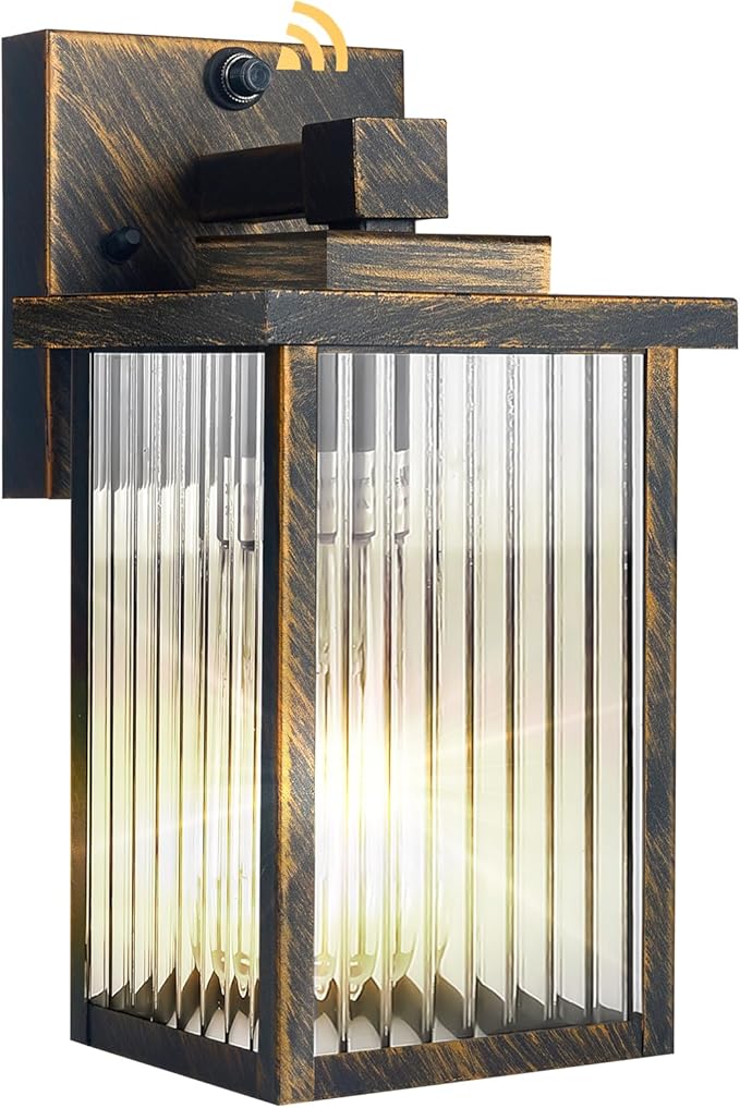Black Brush Gold Dusk to Dawn Wall Mount Porch Lights | Auto On and Off, Anti-Rust Metal Frame, Tempered Glass, E26 Socket, Easy DIY Install on Porch, Garage