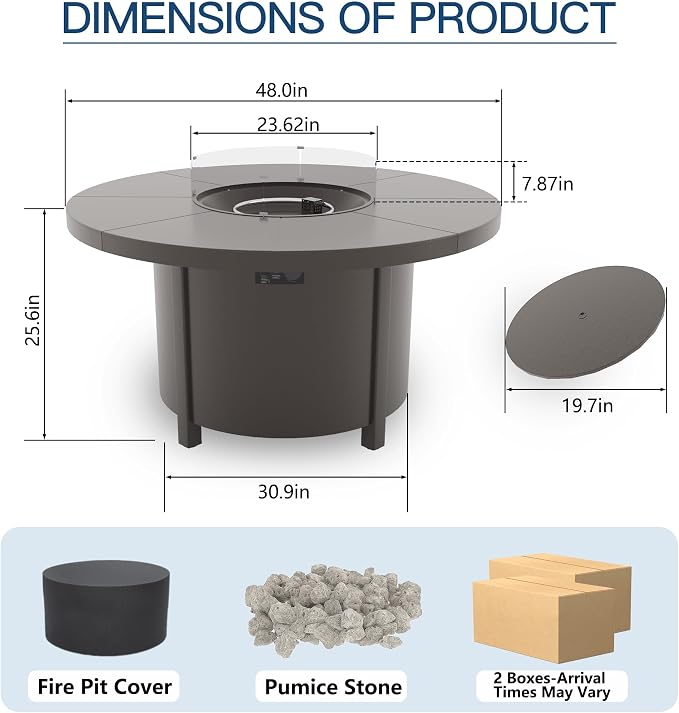 5 Pieces Outdoor Patio Furniture Set with 48" 55000 BTU Round Propane Fire Pit Table,Patio Dining Set Outdoor Conversation Sets 4 Swivel Chairs for Deck,Backyard and Garden,Brown