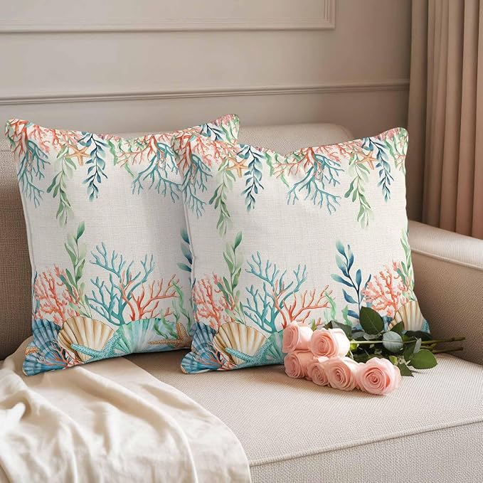 Throw Pillow Covers 24x24 Inch Set of 2, Summer Ocean Waterproof Outdoor Pillow Covers, Watercolor Coastal Coral Shell Seaweed Beige Decorative Cushion Pillowcases for Couch, Sofa, Bed, Garden, Patio