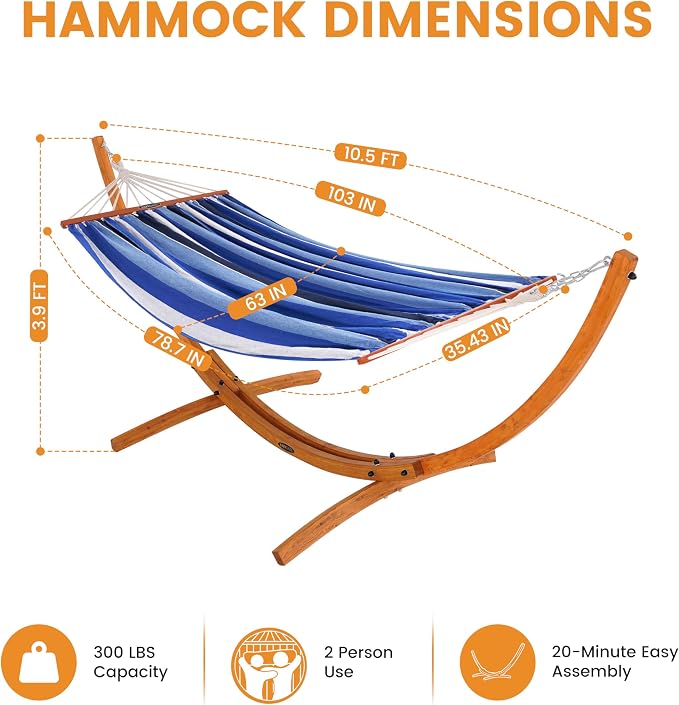 Lazy Daze Hammocks Cotton Fabric Spreader Bar Hammock and 10.5 Ft Wood Arc Hammock Stand Combo, for Indoor, Outdoor,Patio, Backyard, Blue and Cyan