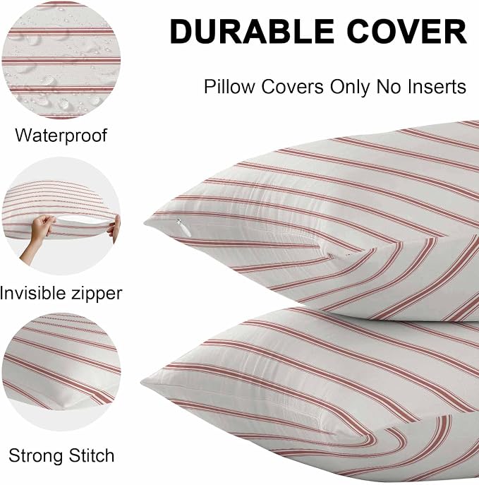 Vandarllin Outdoor Throw Pillows Covers 16x16 inch Set of 2 Waterproof Red Stripes Decorative Zippered Cushion Covers for Patio Furniture, Abstract Lines Striped Lumbar Pillowcases