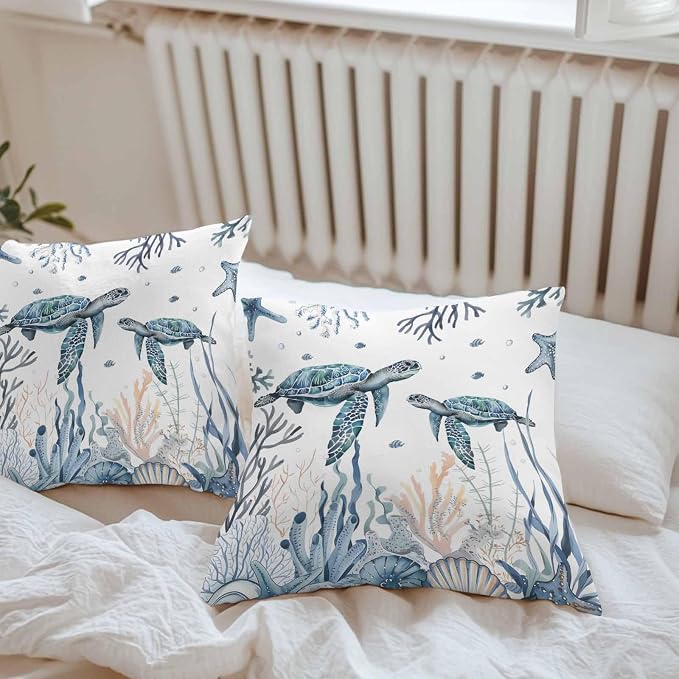 Outdoor Pillow Covers 26 x 26 in, Blue Sea Turtle Waterproof Throw Pillow Cover Set of 2, Ocean Beach Coral Nautical Coastal Shell Home Decorative Square Cushion Covers for Patio/Couch/Garden