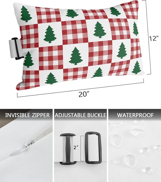 Outdoor Pillows Covers with Inserts Green Christmas Tree and Red Plaid Waterproof Recliner Pillow with Adjustable Strap Throw Pillows for Patio Furniture Pool Lounge Chair, 12x20 inch, 2PCS