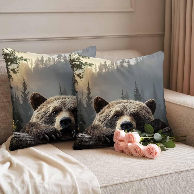 Bear Outdoor Pillow Covers 16"x16" Set of 2, Animal Wood Fence Forest Farmhouse Waterproof Throw Pillow Covers for Patio Furniture, Decorative Cushion Covers for Porch