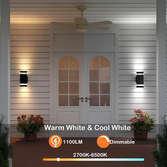 RGB+CCT Outdoor Wall Light 3 Pack, App Control Up Down Wall Sconce, Color Changing 2700K–6500K Exterior Lighting, Waterproof Aluminum LED Porch Lights for Garage Patio Front Door (3 Pack)