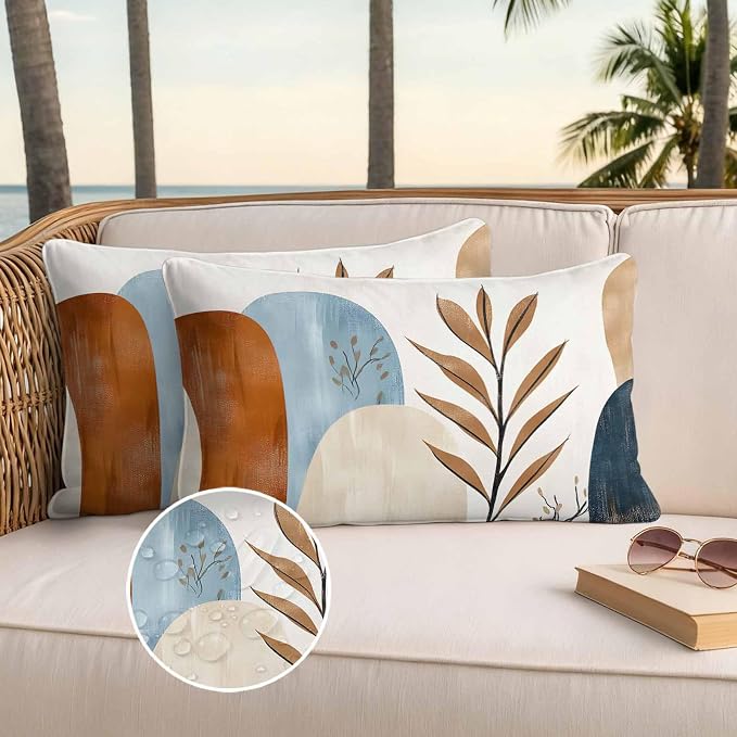 Bohemian Nordic Outdoor Waterproof Throw Pillow Covers Set of 2, 20"x12", Simple Colorful Abstract Leaves Decorative Pillow Covers Outside Cushion Case for Patio Porch Garden