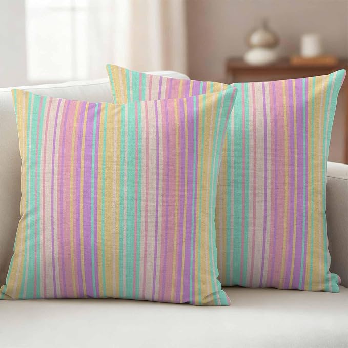 Pink Aqua Stripe Outdoor Pillow Covers 24x24 Inch Throw Pillow Covers Set of 2 Waterproof Decorative Pillow Cases Yellow Geometric Country Geometric Cushion Covers for Patio Furniture Garden Couch