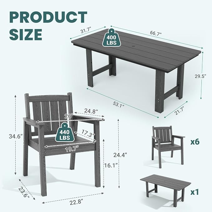 Pamapic 7 PCS Outdoor Dining Set, Spacious HDPE Outdoor Table and Chairs, Wood Grain Patio Furniture Sets with Elegant Armrest, All-Weather Outdoor Furniture with Umbrella Hole, Gray