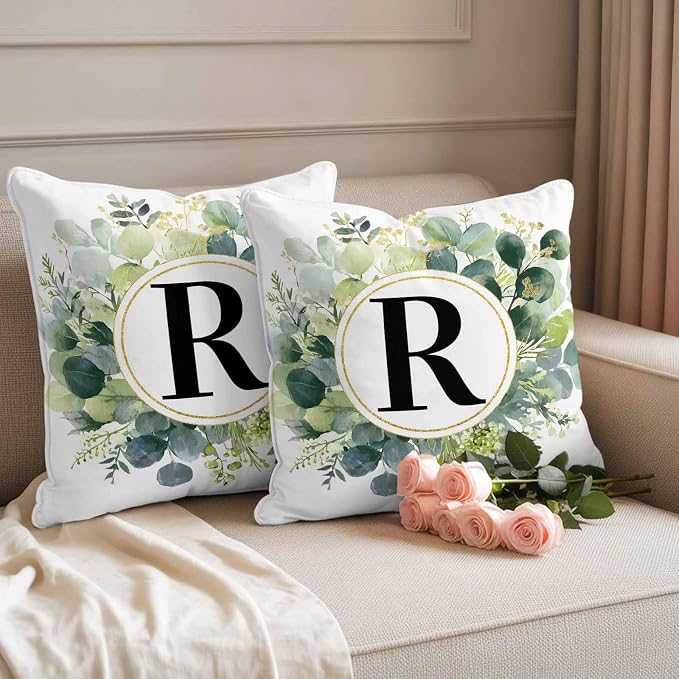 Letter R Waterproof Outdoor Pillow Covers Set of 2 Home Decor, Alphabet Green Eucalyptus Leaves Pillowcase Patio Pillow Covers for Couch Bench Patio Furniture Garden 16x16in