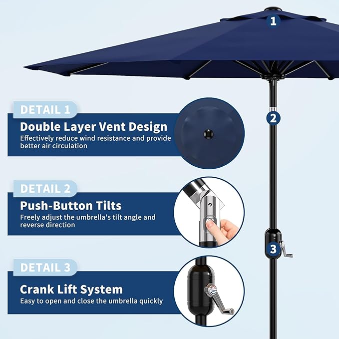 9FT Outdoor Patio Umbrella, 8 Ribs Market Table Umbrella with Tilt & Crank, UV-Resistant Waterproof for Pool, Deck, Backyard, Navy Blue