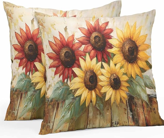 Retro Farmhouse Red Yellow Sunflower Outdoor Pillow Covers 20x20in Pack of 2 Waterproof Pillowcase Vintage Rustic Wood Floral Decorative Throw Cushion Case for Patio Couch Sofa