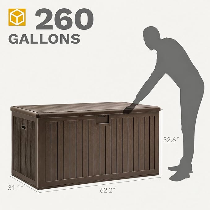 DWVO 260 Gallon Resin Outdoor Storage Box, XXL Double-Wall Waterproof Deck Box with Divider, Doubles as Table or Seating with 1000 lbs Capacity, Lockable (Brown)