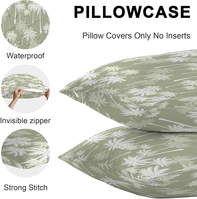 Throw Pillow Covers 18x18 Inch Set of 2, Tropical Palm Tree Waterproof Outdoor Pillow Covers, Sage Green Plants Coastal Leaf Beach Decorative Cushion Pillowcases for Couch, Sofa, Bed, Garden, Patio