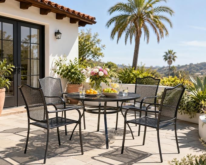 Round Metal Mesh Patio Dining Table for 4, 42" Black Electroplated Steel Outdoor Dining Furniture Table with Umbrella Hole, Rust-Resistant Patio Furniture for Backyard, Porch, Deck