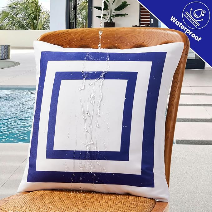 JOJOGOGO 12x20 Navy Blue Frame Outdoor Lumbar Pillow Covers Waterproof & Sunproof Set of 2, White and Navy Outdoor Decorative Lumbar Throw Pillows for Patio Furniture and Porch Decor(Without Inserts)