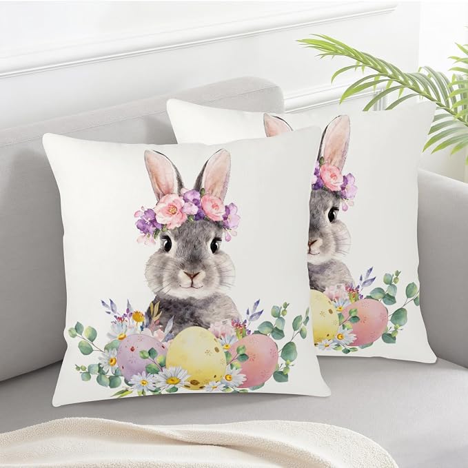 Spring Easter Pillow Covers Lovely Bunny Throw Pillow Covers Floral Watercolor Rabbit Farmhouse Cushion Cases 16x16 Set of 2 Colorful Easter Eggs Pillow Cases for Home Porch Patio