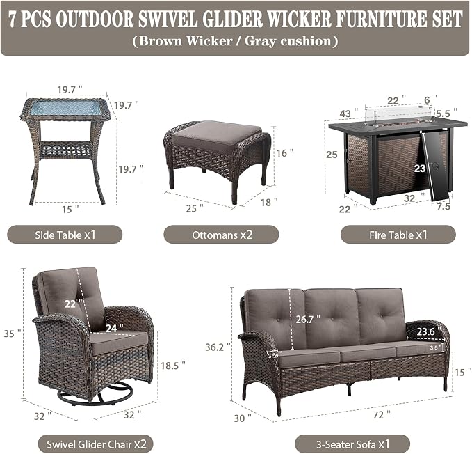 Belord 8 Piece Patio Furniture Set with 43" Fire Pit Table - Wicker Patio Conversation Set with Swivel Rocker Chairs and Sofa for Deck Outside Backyard Brown