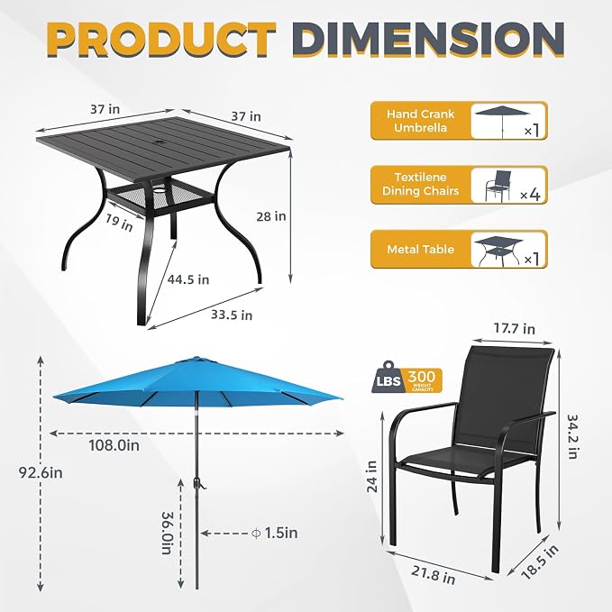 SUNCROWN 6 - Piece Outdoor Dining Set, Patio Furniture Set with 4 Textilene Dinning Chairs, 1 Steel Slat Metal Bistro Table and 1 Sky Blue 9Ft Patio Umbrella for Lawn Garden Backyard Deck, Black