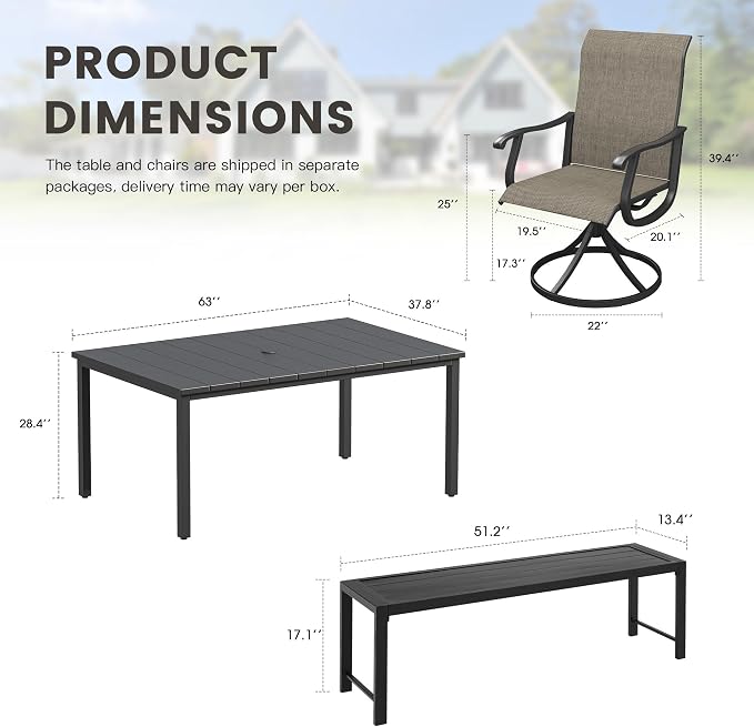 6 Pieces Outdoor Dining Set, Patio Table and Chairs Set with 51" Garden Bench for 6-7 People, 63" Outdoor Dining Table and Swivel Patio Chairs for Deck Backyard, Mixed Brown and Black