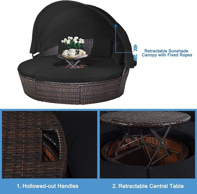 RELAX4LIFE Round Outdoor Daybed with Canopy, Rattan Wicker Sectional Sofa Set w/Cushions, Height Adjustable Table, Conversation Bed Lounger Separated Seating for Outside Pool, Patio Daybed (Black)
