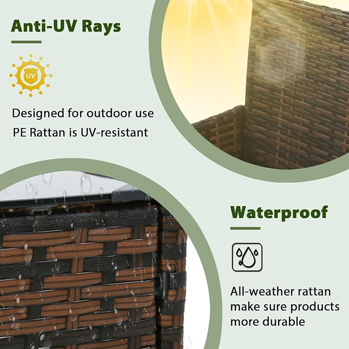 PayLessHere Outdoor Furniture Set 4 Pcs Modular Patio Furniture Set Water Resistant Conversation Set with 3 Rattan Chairs 1 Tempered Glass Topped Table for Patio Poolside, Brown Wicker/Blue Cushions