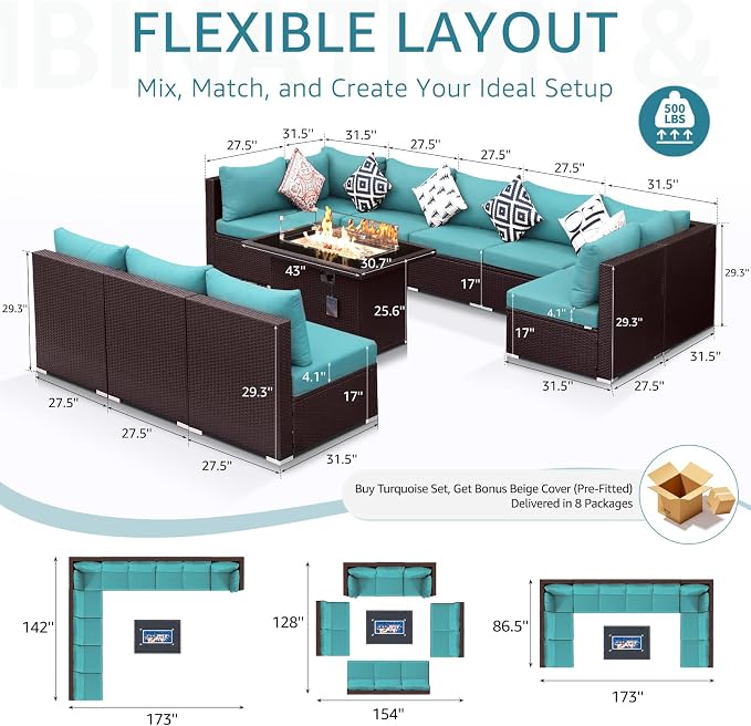 NICESOUL Modern Outdoor Couches with Firepit Table Propane/Natural Gas, 29.3'' High Back Comfy Conversation Set with Fireplace, 10 Seater Large Wide Patio Furniture Set, Brown Rattan and Teal Cushion