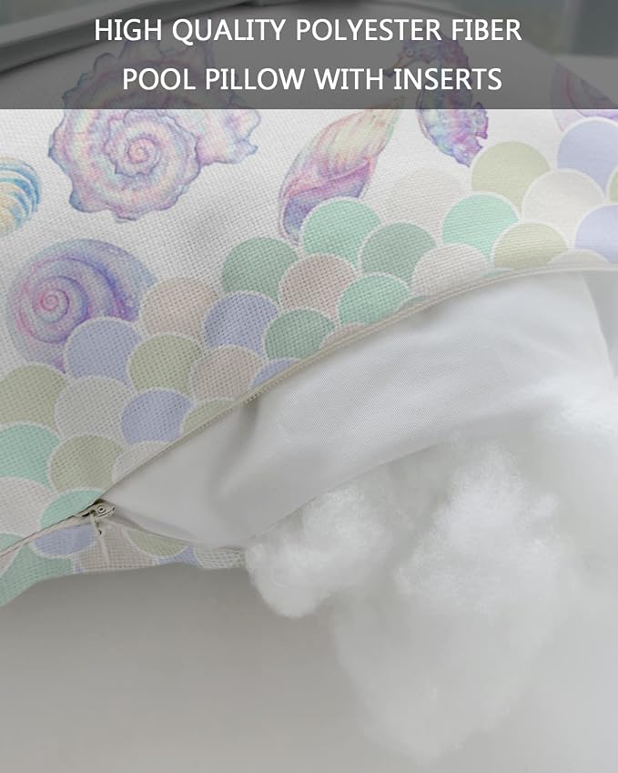 Outdoor Pillows Covers with Inserts Ocean Shell Conch Mermaid Fish Scales Watercolor Waterproof Pillow with Adjustable Strap Throw Pillows for Patio Furniture Recliner Lounge Chair, 11x16 inch, 2PCS