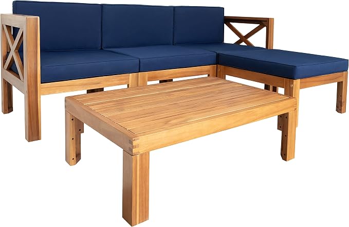 5-Piece Outdoor Backyard Patio Set, Acacia Wood Sectional Sofa Seating Group Set with Tea Table and Cushions, Conversation Furniture Set for Garden Backyard Poolside (Natural Finish+ Blue Cushions 2)