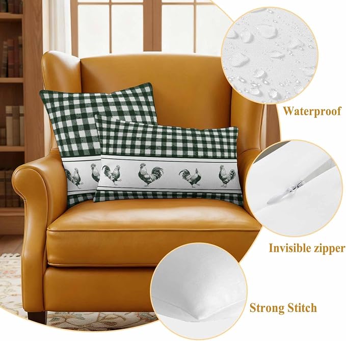 Outdoor Waterproof Throw Pillow Covers Set of 2 Chicken Cock Rooster Pillowcases 18x18 Inches Farmhouse Animal Green Buffalo Plaid Decorative Pillows Cushion Case Patio Pillows for Couch Bed Chair