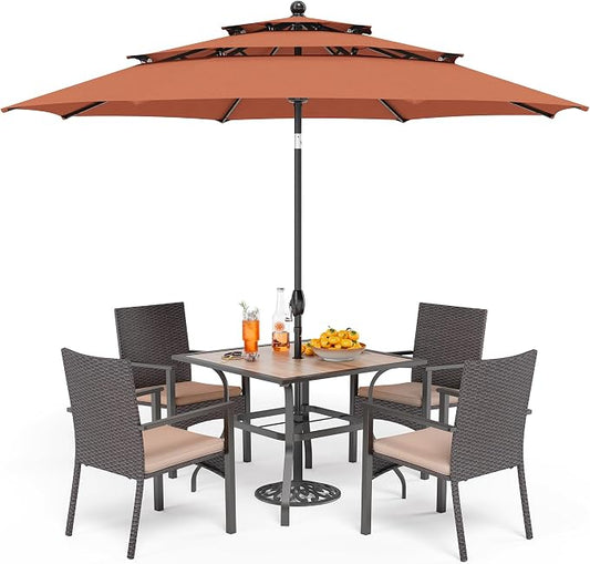 PHI VILLA 5 Pieces Outdoor Dining Set with Umbrella for 4, 37" Square Metal Polywood Table & Cushioned Wicker Rattan Chairs & 10ft Navy Blue Umbrella Furniture for Patio, Deck, Yard, Porch