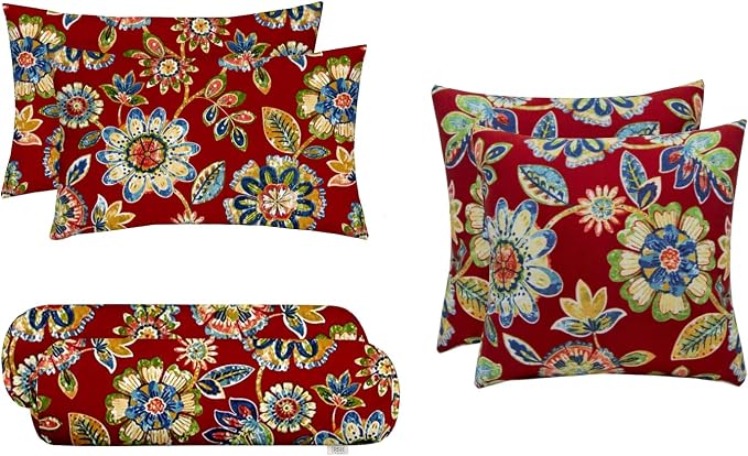 RSH DECOR 6-Pack Pillow Set | All-Weather Spun Fabric | Water & Fade-Resistant | Outdoor Throw Pillows | 20" x 12" Lumbar, 17" Square, & 20" x 6" Neck Roll | Made in USA (Daelyn Cherry)